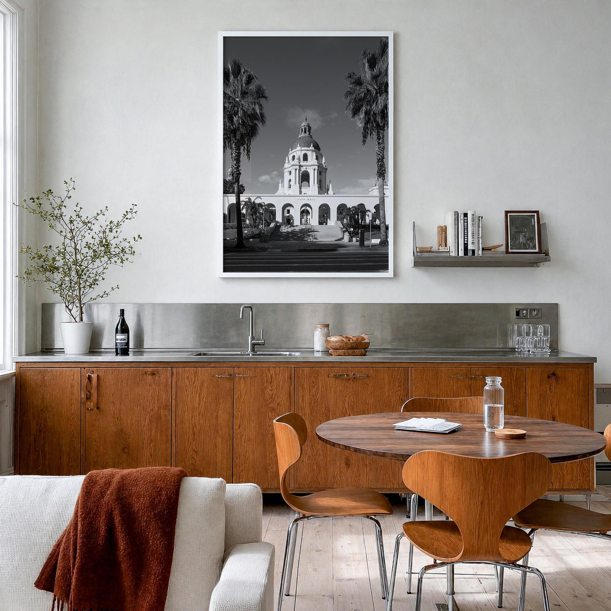 Beverly Hills black & white photo poster of California, USA – vertical wall art in white wood frame, hanging on wall