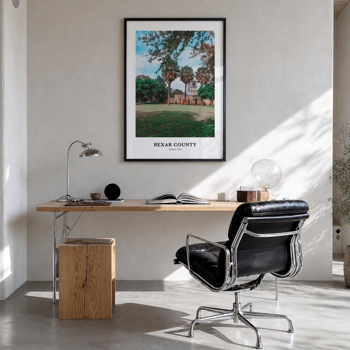 Bexar County colorful classic poster of Texas, USA – vertical wall art in black wood frame, hanging on wall
