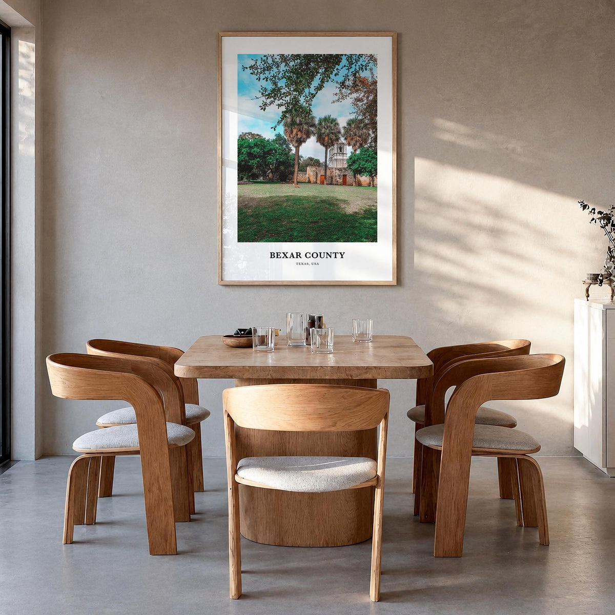 Bexar County colorful classic poster of Texas, USA – vertical wall art in natural wood frame, hanging on wall