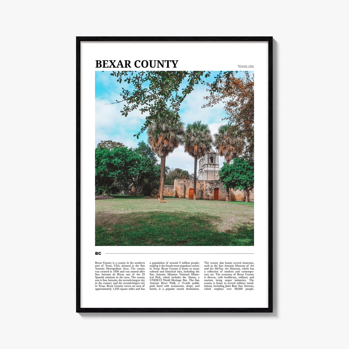 Bexar County colorful travel poster of Texas, USA – vertical wall art, unframed print shown in interior mockup