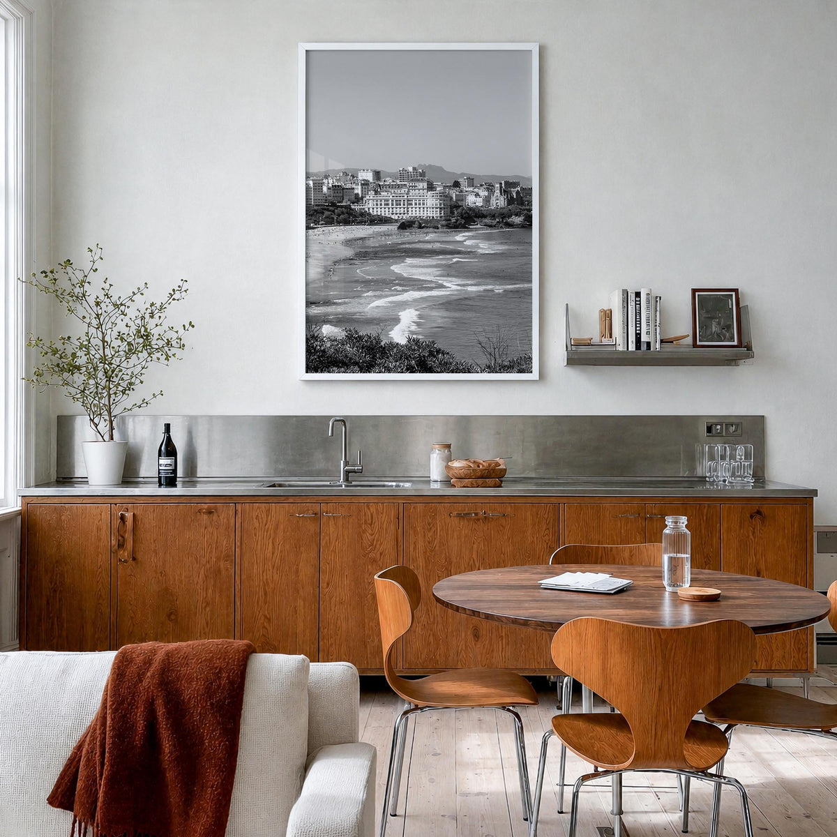 Biarritz black & white photo poster of France – vertical wall art in white wood frame, hanging on wall