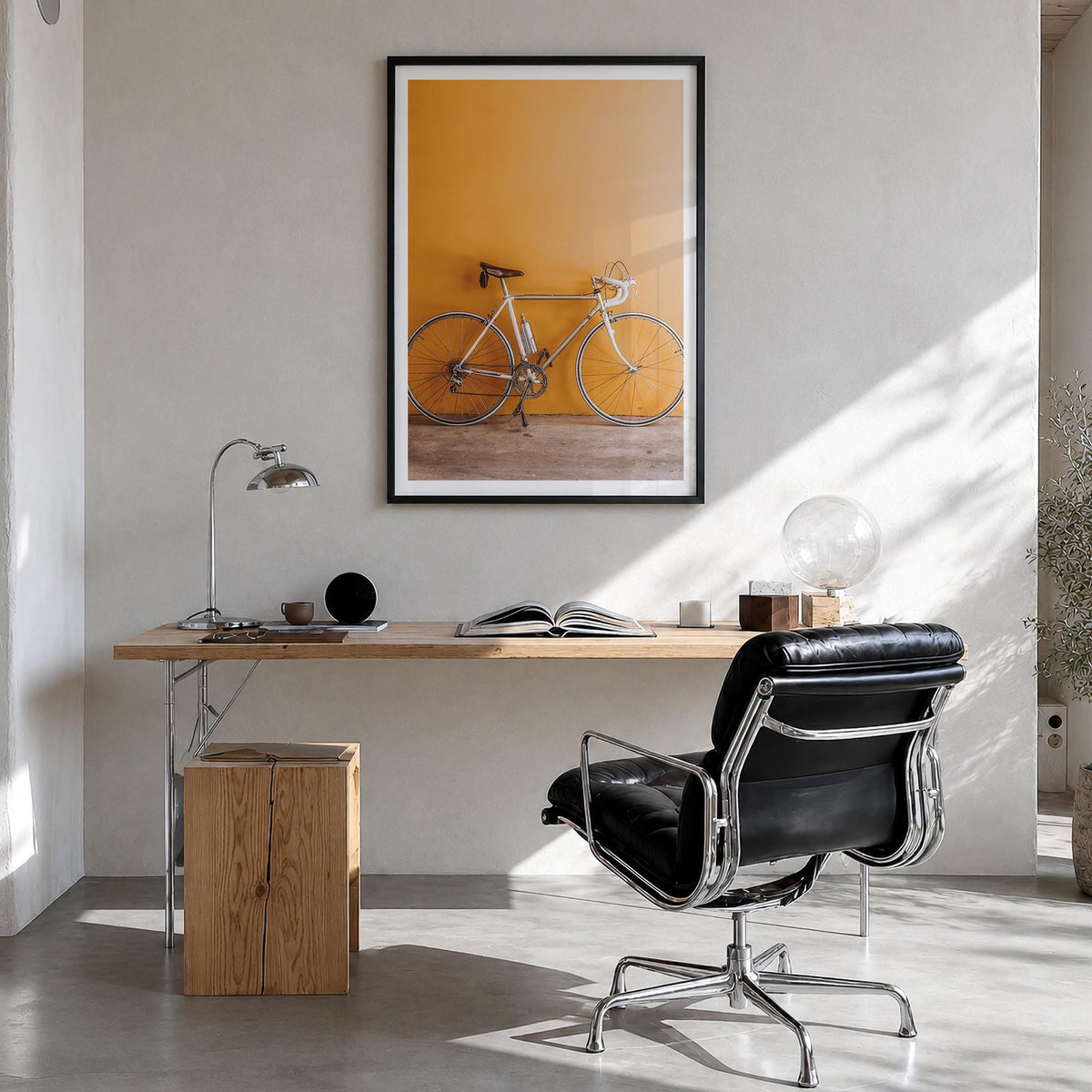 Bicycle no. 1 colorful photo poster – vertical wall art in black wood frame with white border, hanging on wall