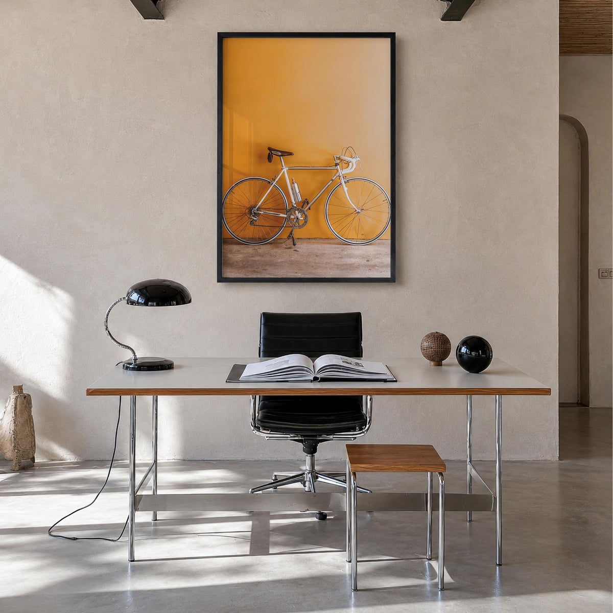 Bicycle no. 1 colorful photo poster – vertical wall art in black wood frame, hanging on wall