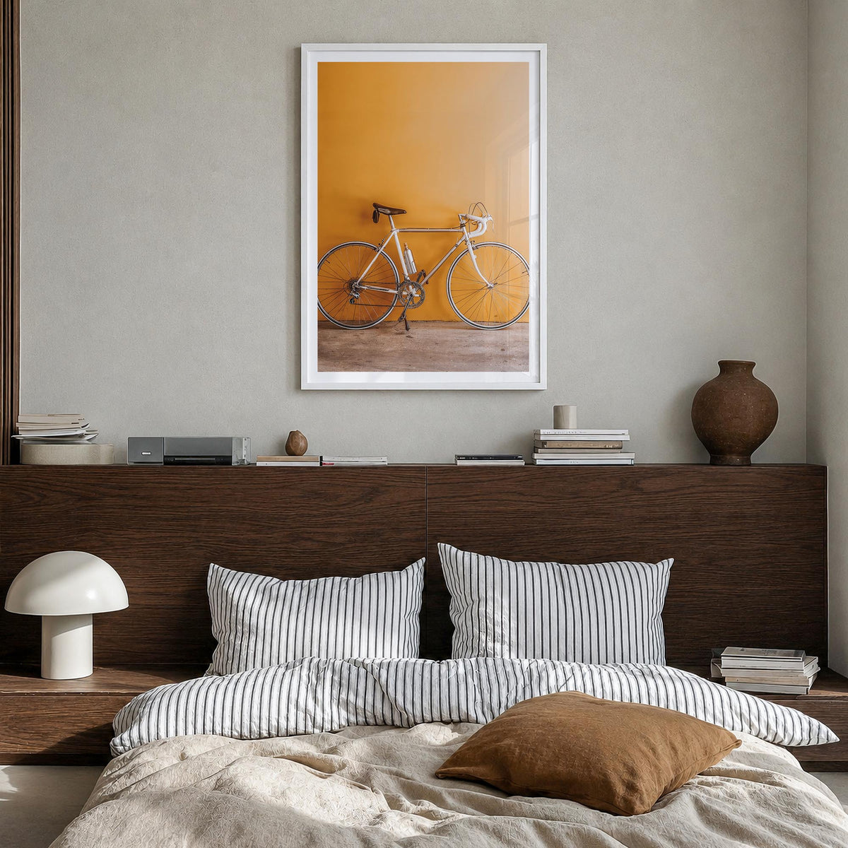Bicycle no. 1 colorful photo poster – vertical wall art in white wood frame with white border, hanging on wall