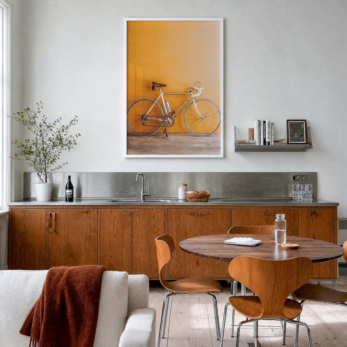 Bicycle no. 1 colorful photo poster – vertical wall art in white wood frame, hanging on wall