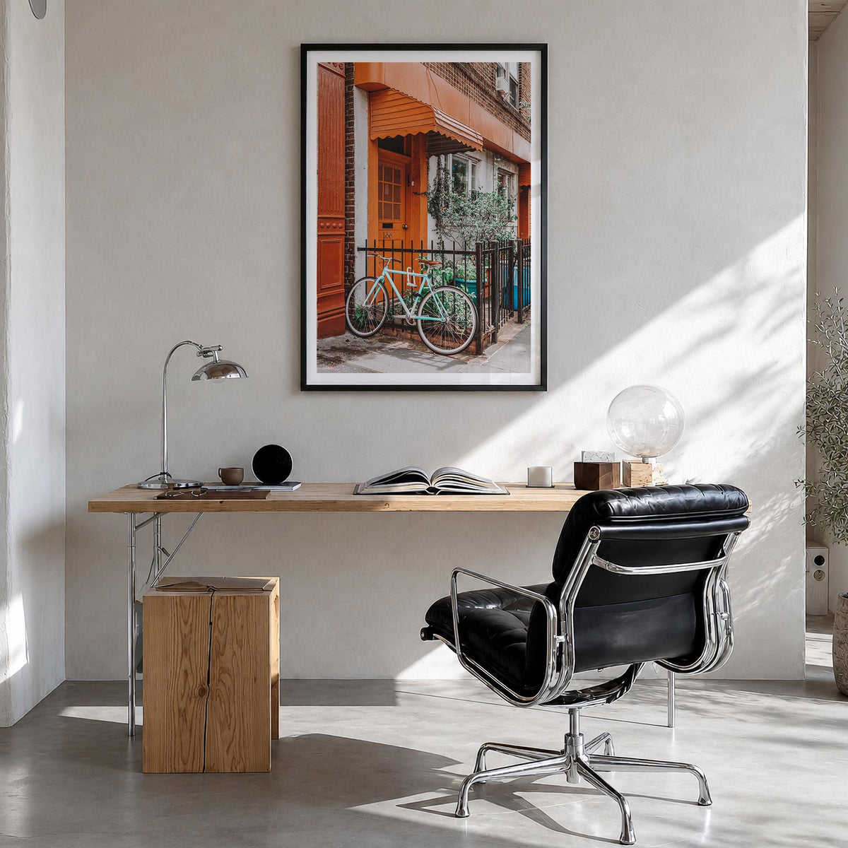 Bicycle no. 2 colorful photo poster – vertical wall art in black wood frame with white border, hanging on wall