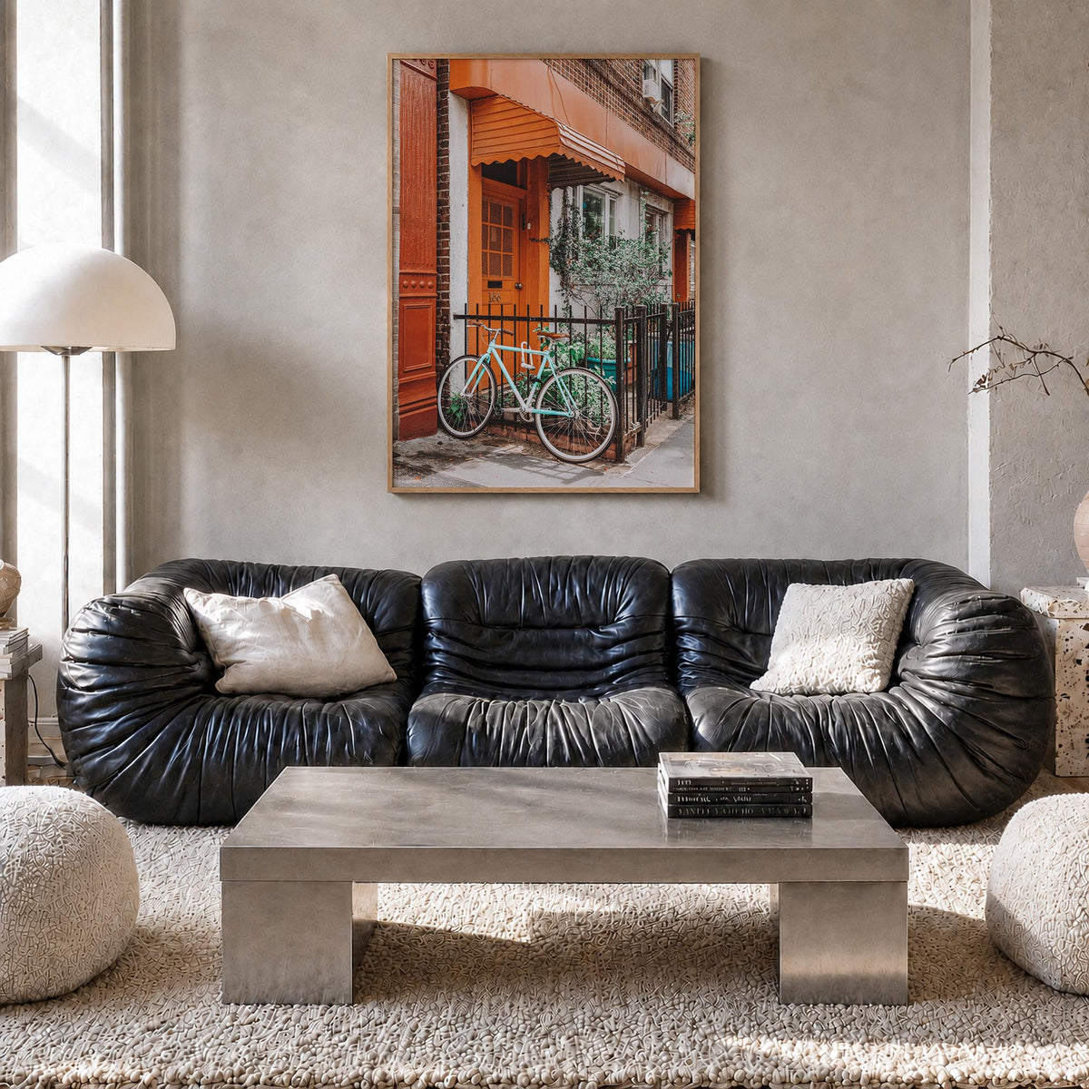 Bicycle no. 2 colorful photo poster – vertical wall art in natural wood frame, hanging on wall