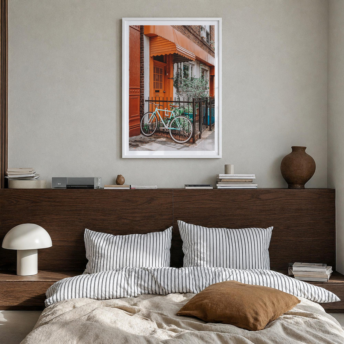 Bicycle no. 2 colorful photo poster – vertical wall art in white wood frame with white border, hanging on wall