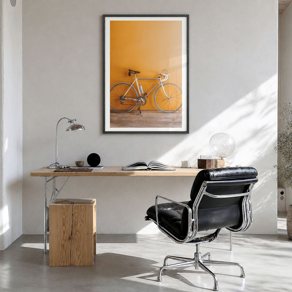 Bicycle Photo No 1 Poster in a black wood frame, hanging in a bright home office, white border