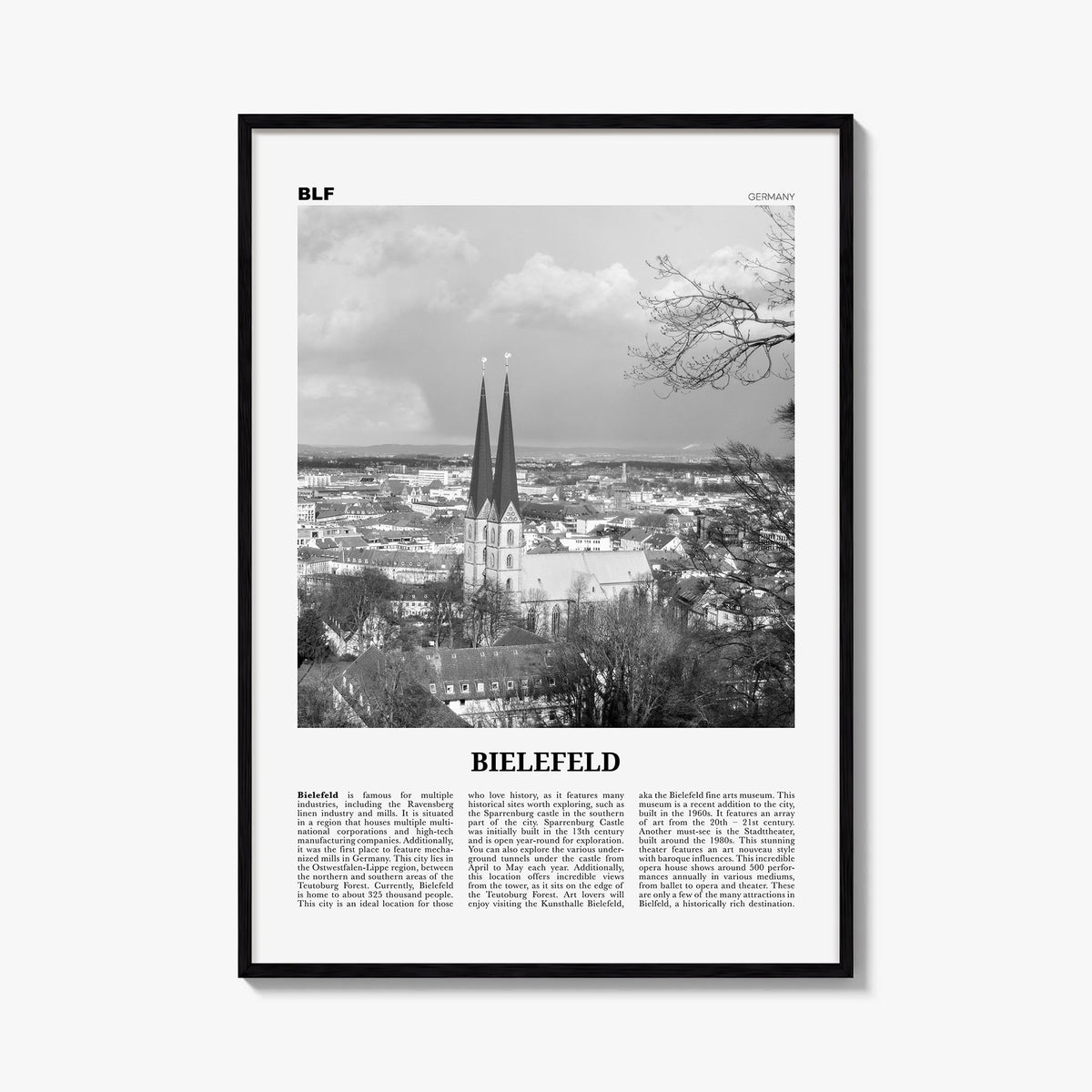 Bielefeld black & white newspaper poster of Germany – vertical wall art, unframed print shown in interior mockup