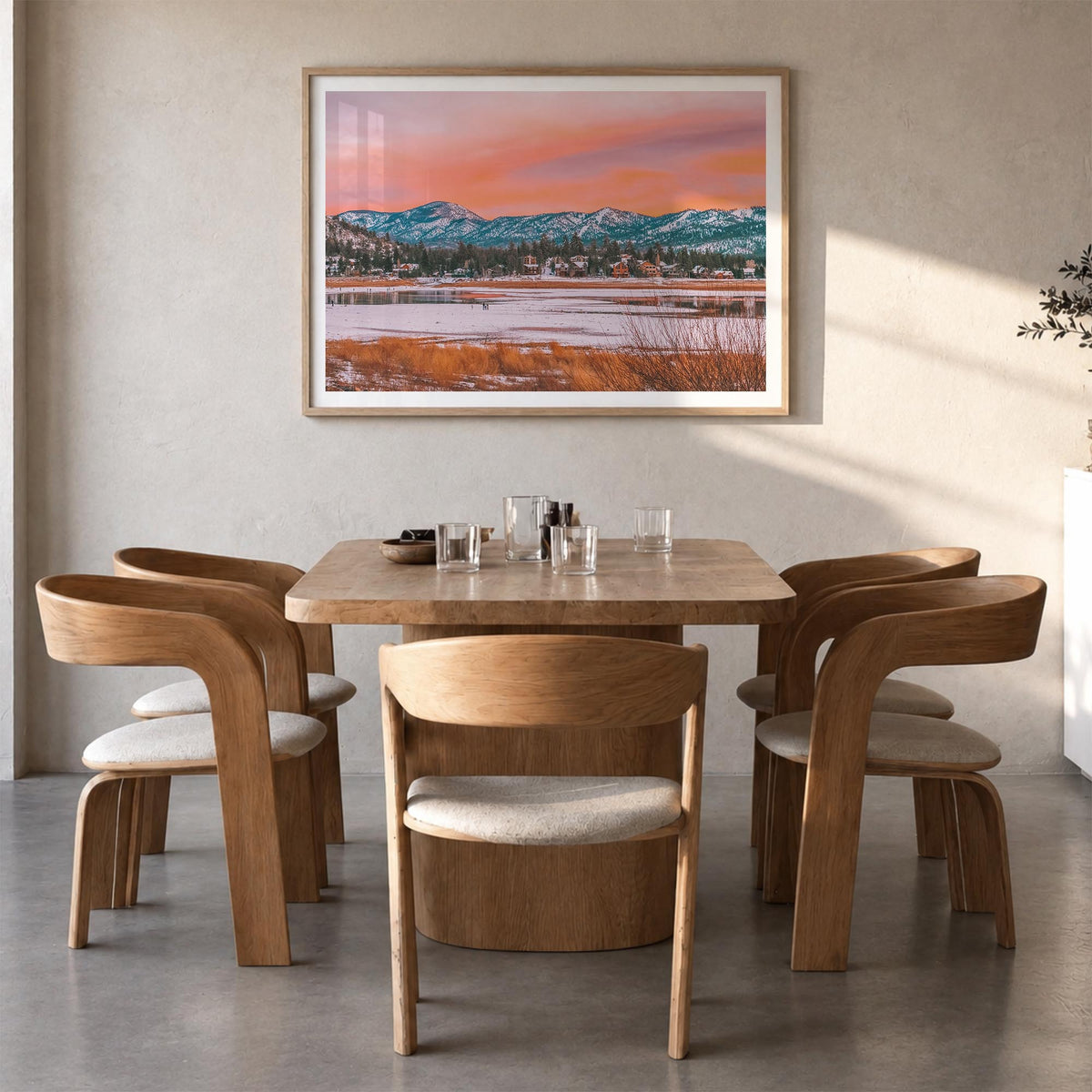 Big Bear Lake colorful photo poster of California, USA – horizontal wall art in natural wood frame with white border, hanging