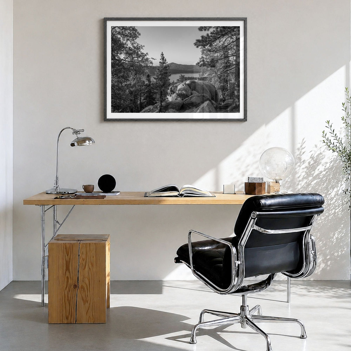 Big Bear Lake Photo Poster in a black wood frame, hanging in a bright home office, white border