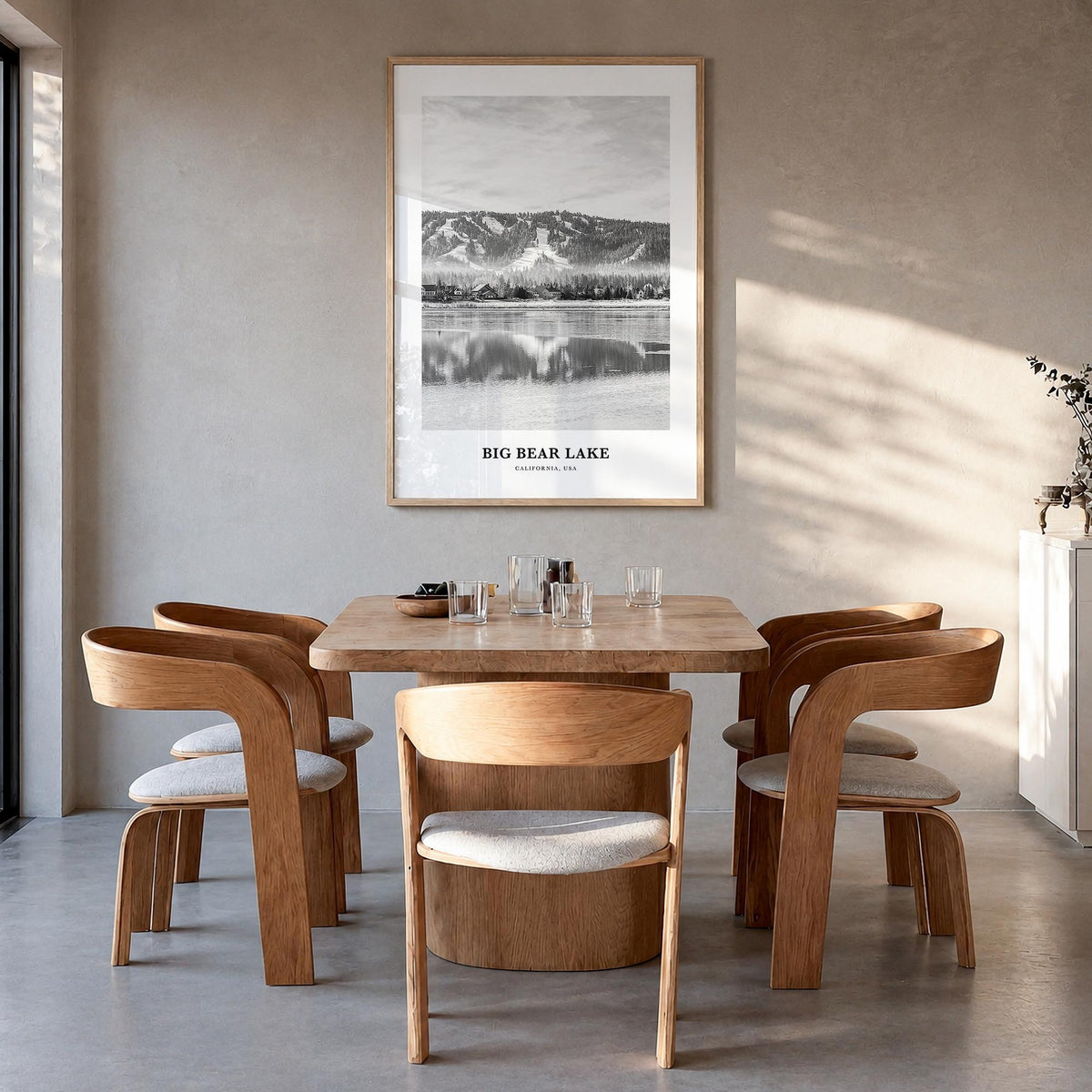 Big Bear Lake no. 2 black & white classic poster of California, USA – vertical wall art in natural wood frame, hanging on wal