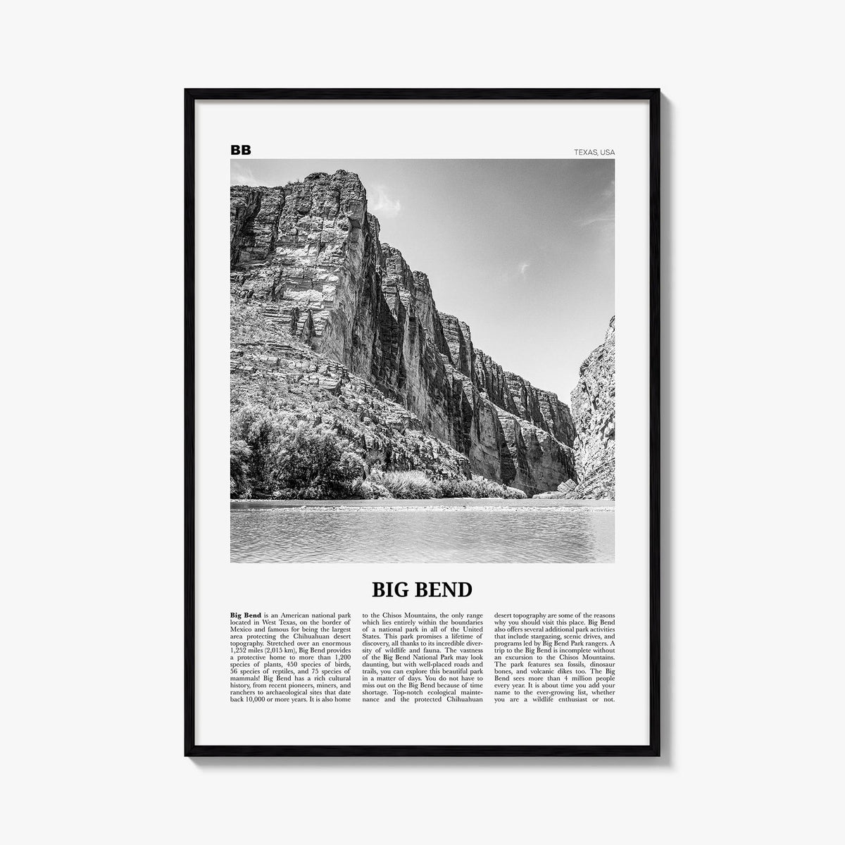 Big Bend National Park black & white newspaper poster of Texas, USA – vertical wall art, unframed print shown in interior moc