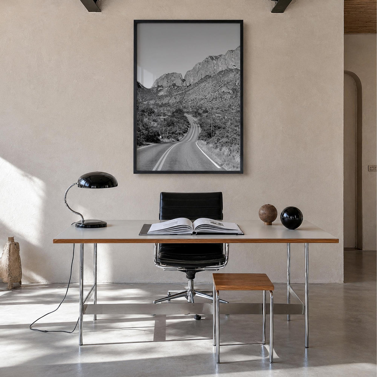 Big Bend National Park black & white photo poster of Texas, USA – vertical wall art in black wood frame, hanging on wall