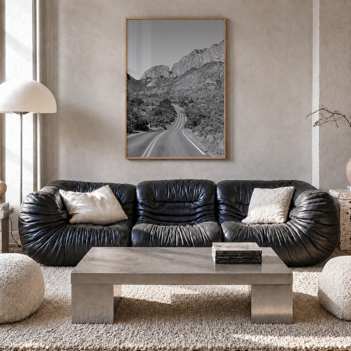 Big Bend National Park black & white photo poster of Texas, USA – vertical wall art in natural wood frame, hanging on wall