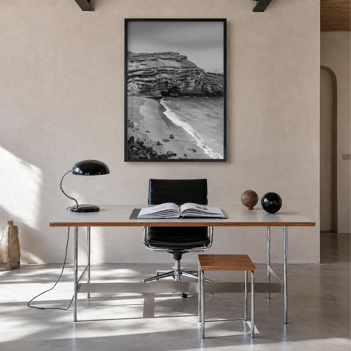 Big Island black & white photo poster of Hawaii, USA – vertical wall art in black wood frame, hanging on wall