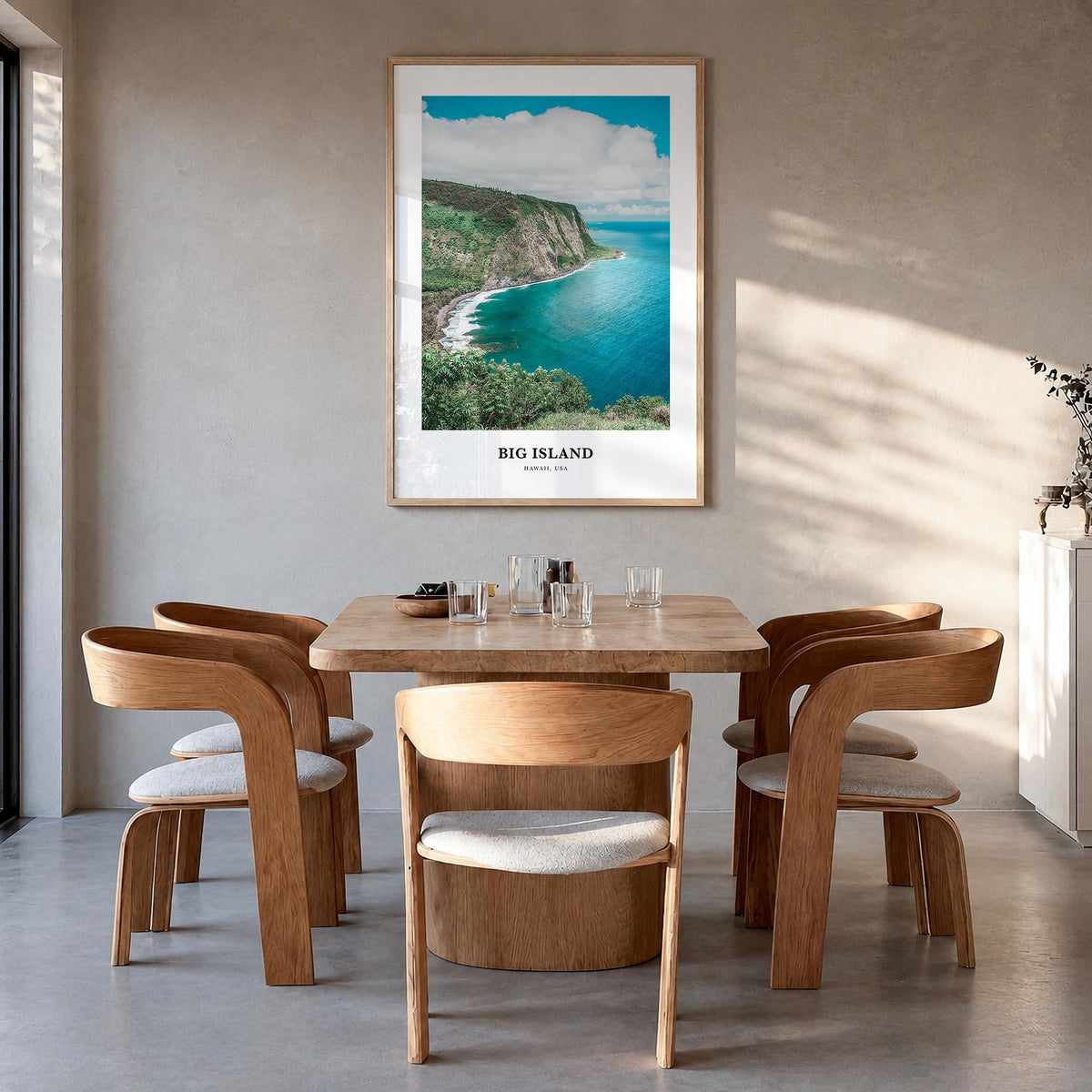 Big Island colorful classic poster of Hawaii, USA – vertical wall art in natural wood frame, hanging on wall