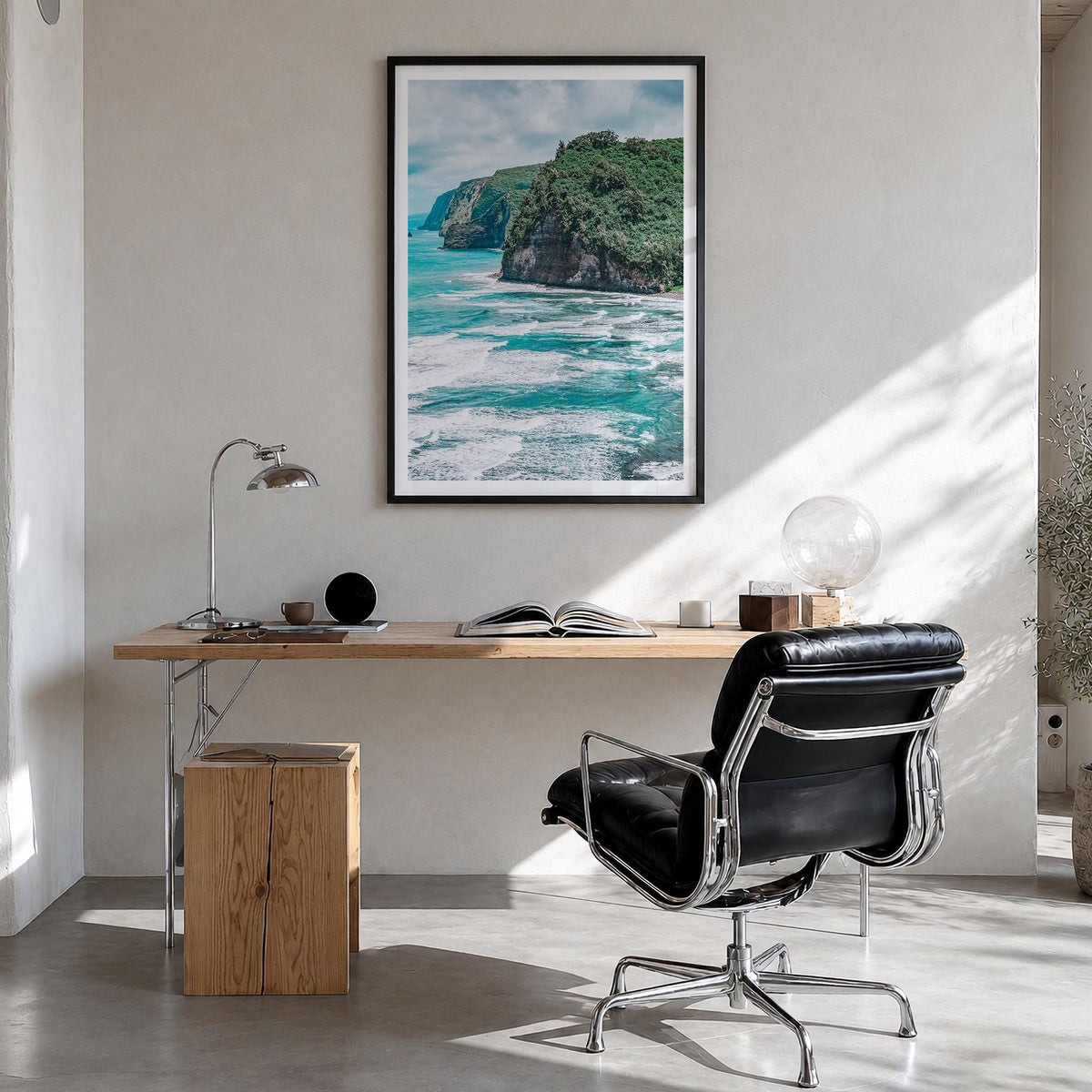 Big Island colorful photo poster of Hawaii, USA – vertical wall art in black wood frame with white border, hanging on wall