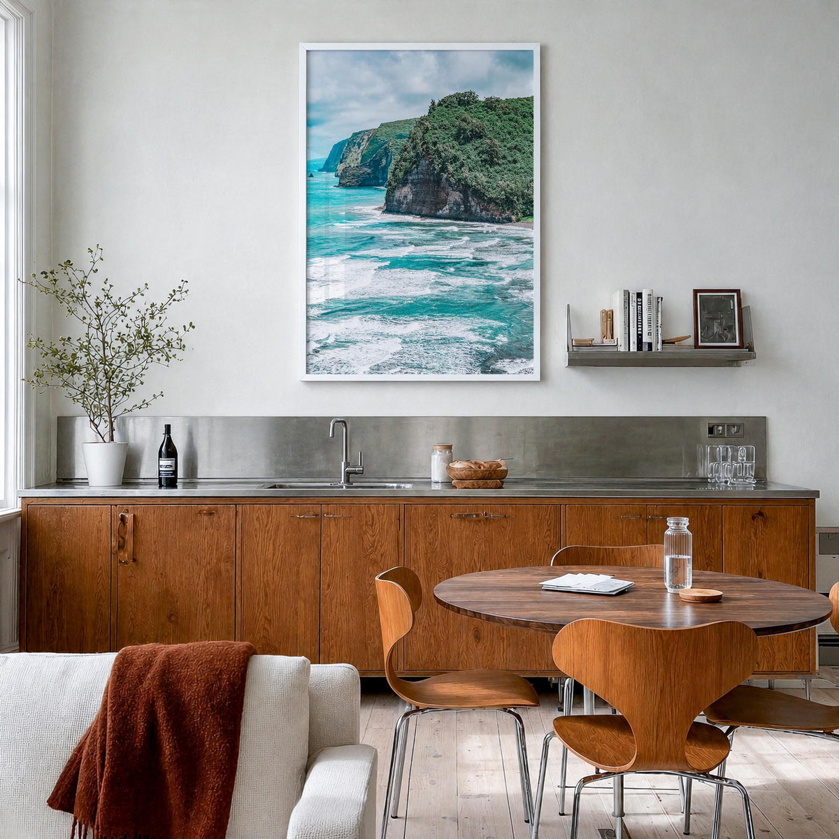 Big Island colorful photo poster of Hawaii, USA – vertical wall art in white wood frame, hanging on wall