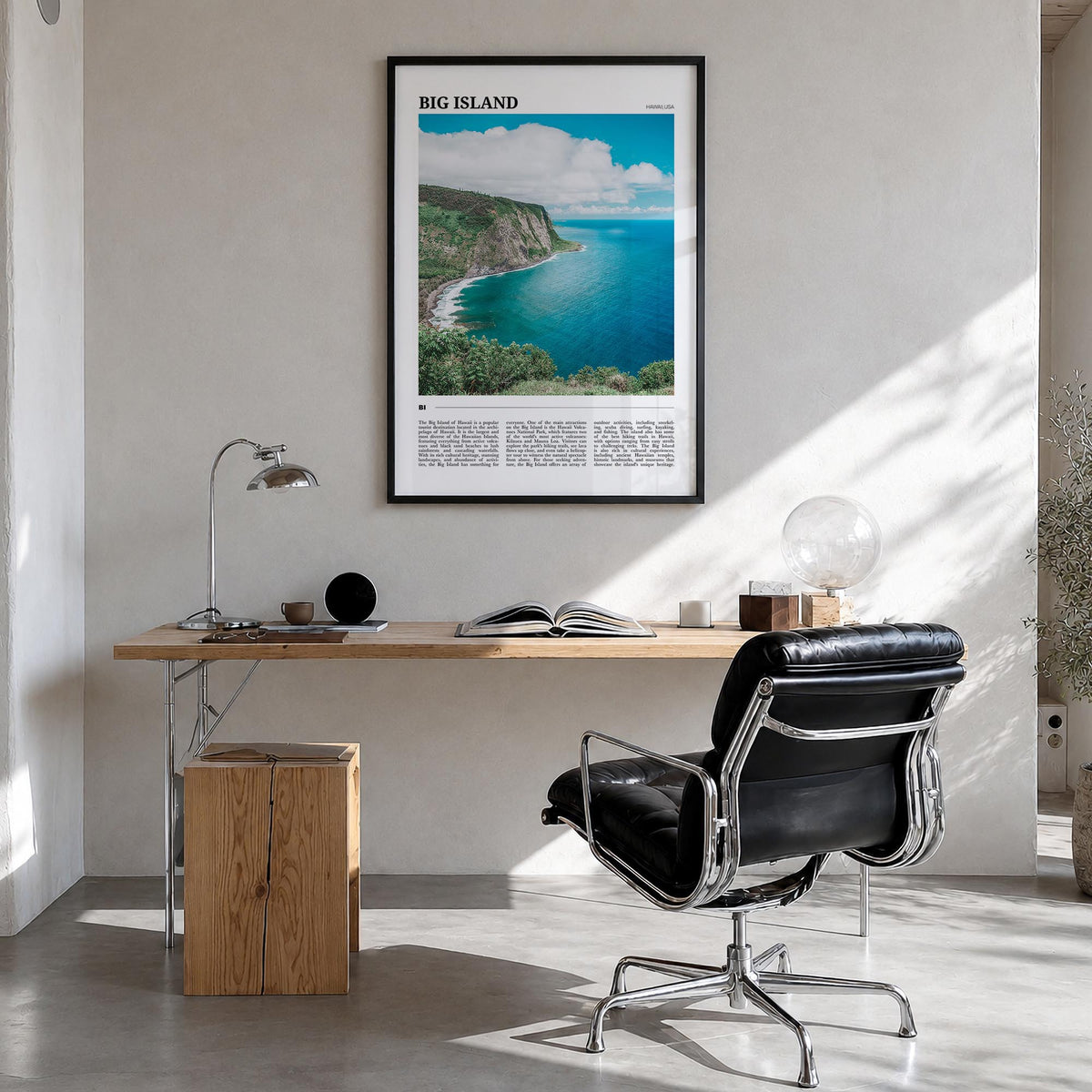 Big Island colorful travel poster of Hawaii, USA – vertical wall art in black wood frame, hanging on wall