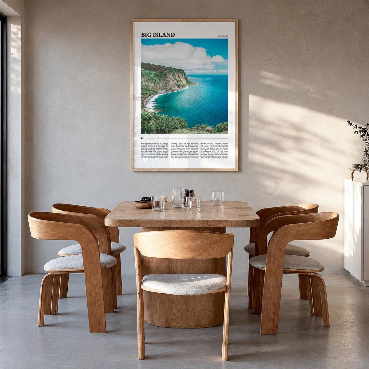 Big Island colorful travel poster of Hawaii, USA – vertical wall art in natural wood frame, hanging on wall