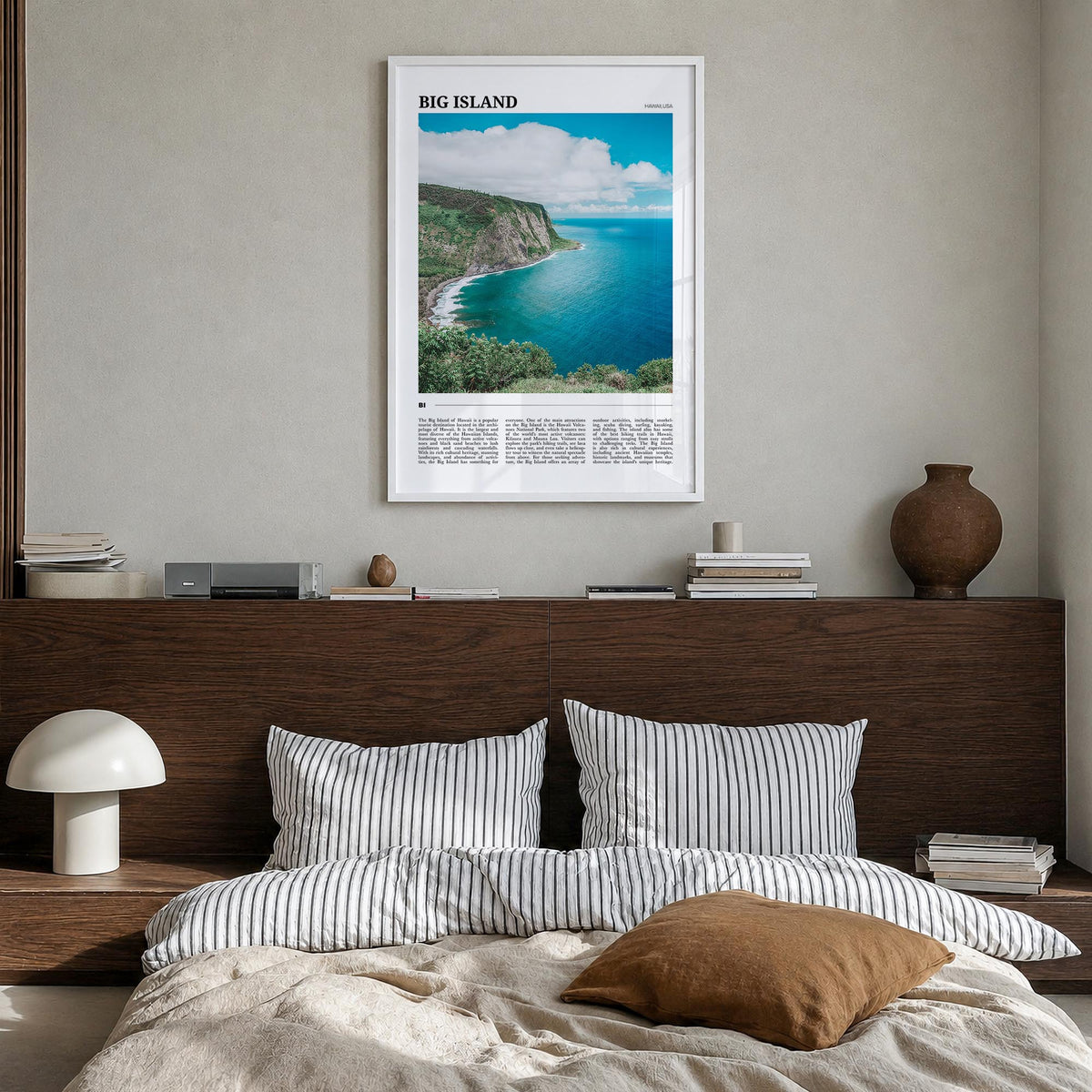 Big Island colorful travel poster of Hawaii, USA – vertical wall art in white wood frame, hanging on wall