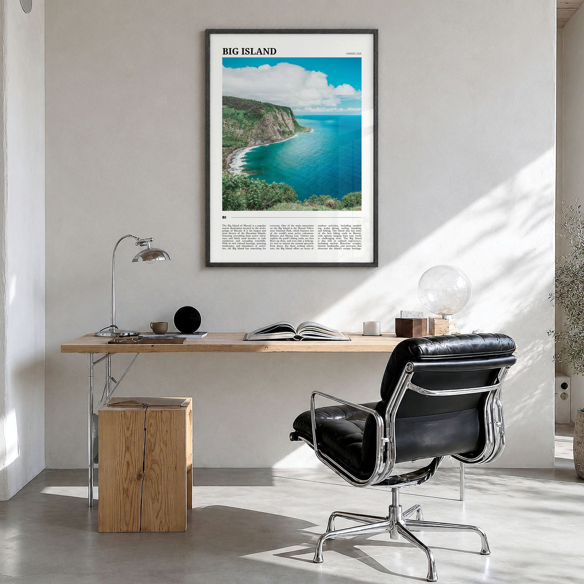 Big Island Travel Poster in a black wood frame, hanging in a bright home office