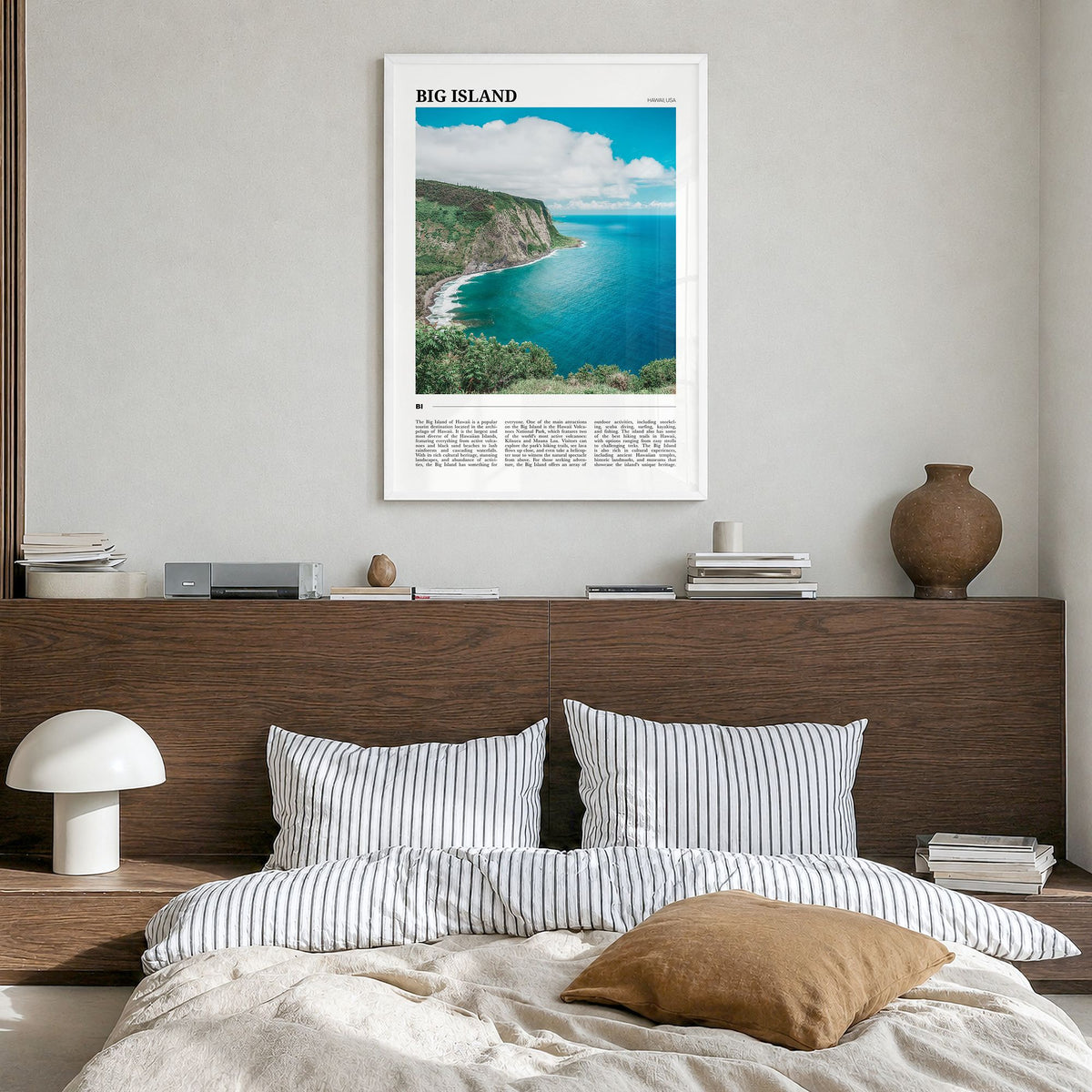 Big Island Travel Poster in a white wood frame, hanging in a bedroom