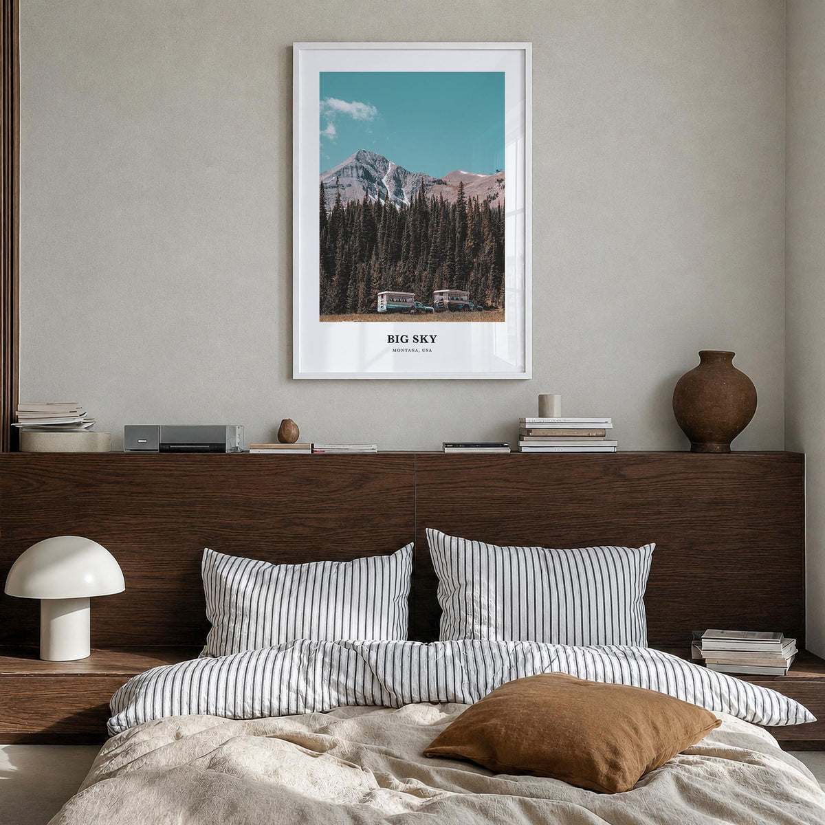 Big Sky colorful classic poster of Montana, USA – vertical wall art in white wood frame, hanging on wall