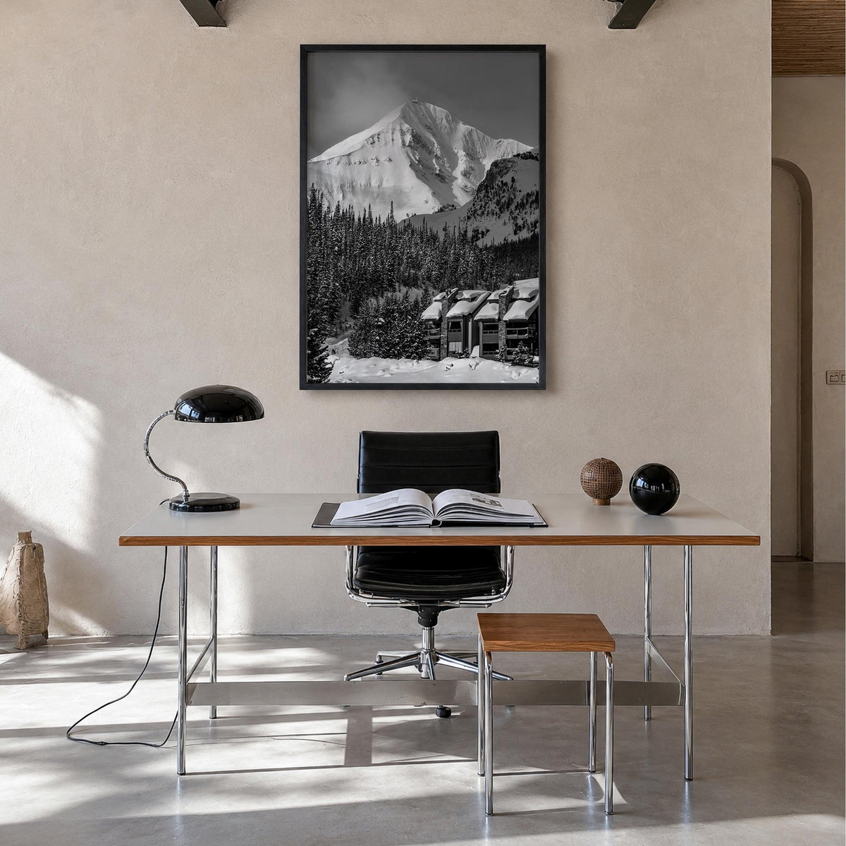 Big Sky no. 1 black & white photo poster of Montana, USA – vertical wall art in black wood frame, hanging on wall