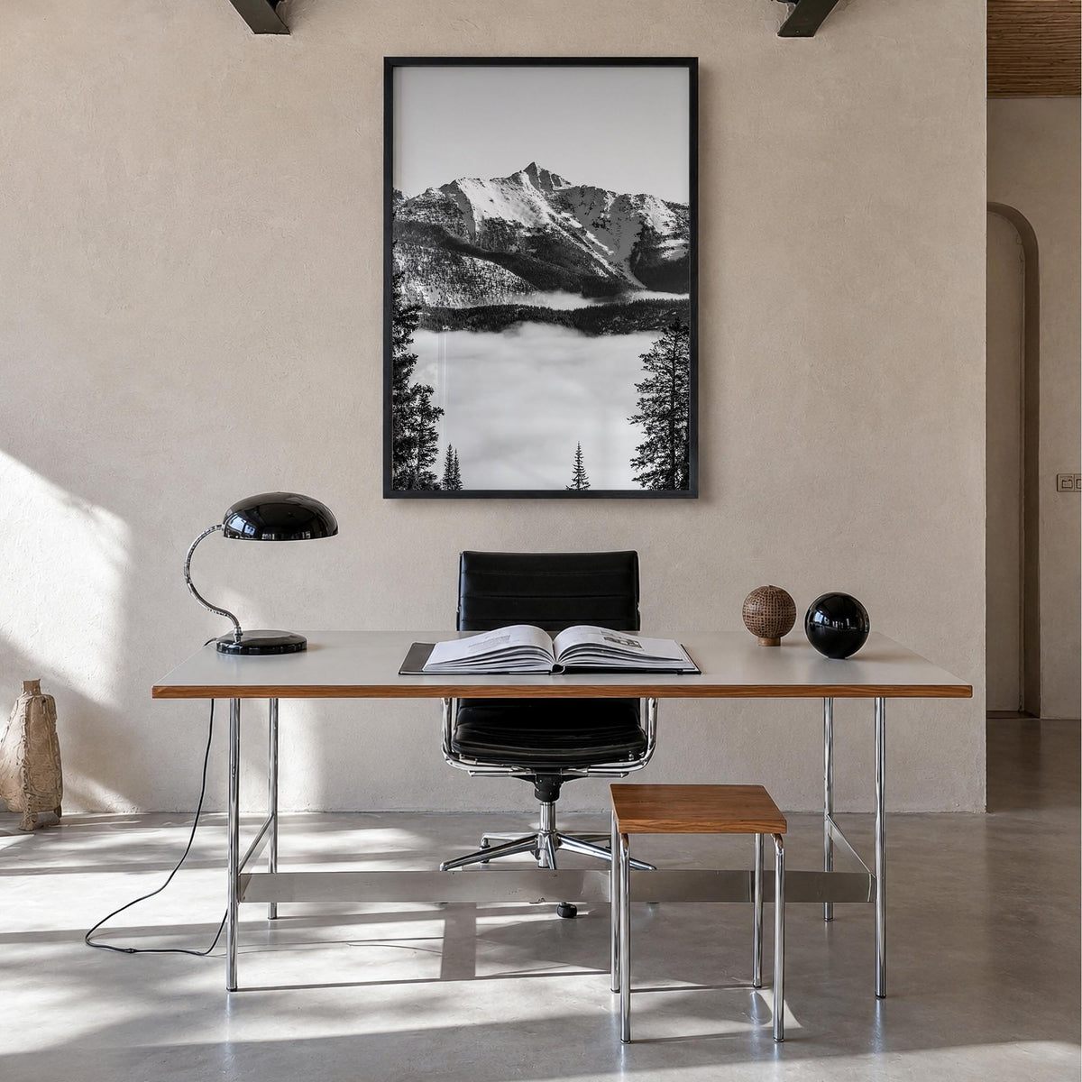 Big Sky no. 2 black & white photo poster of Montana, USA – vertical wall art in black wood frame, hanging on wall