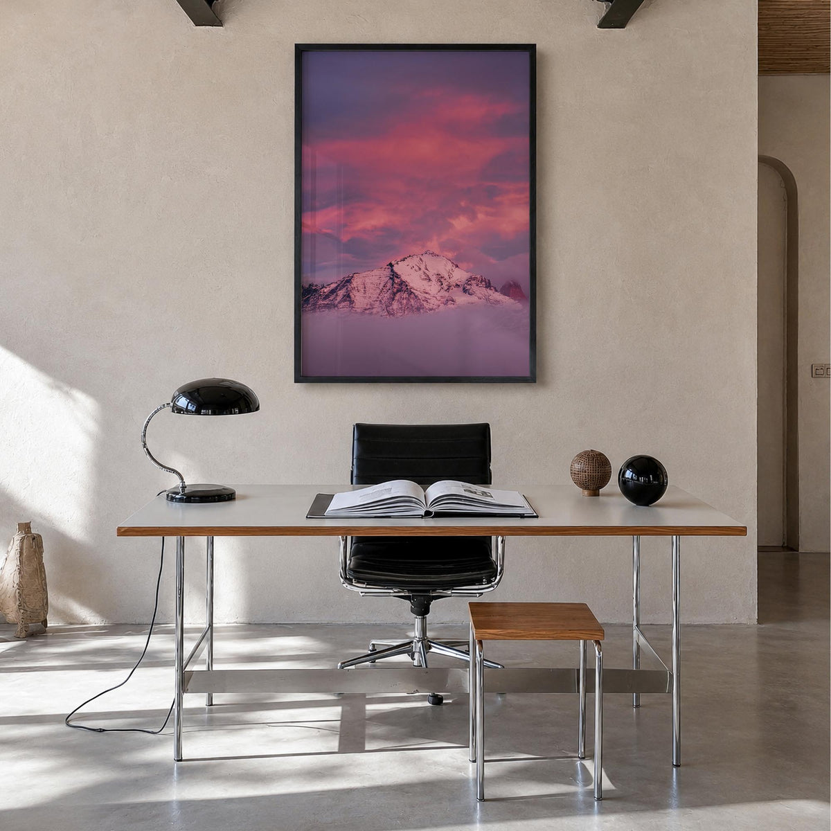Big Sky no. 2 colorful photo poster of Montana, USA – vertical wall art in black wood frame, hanging on wall