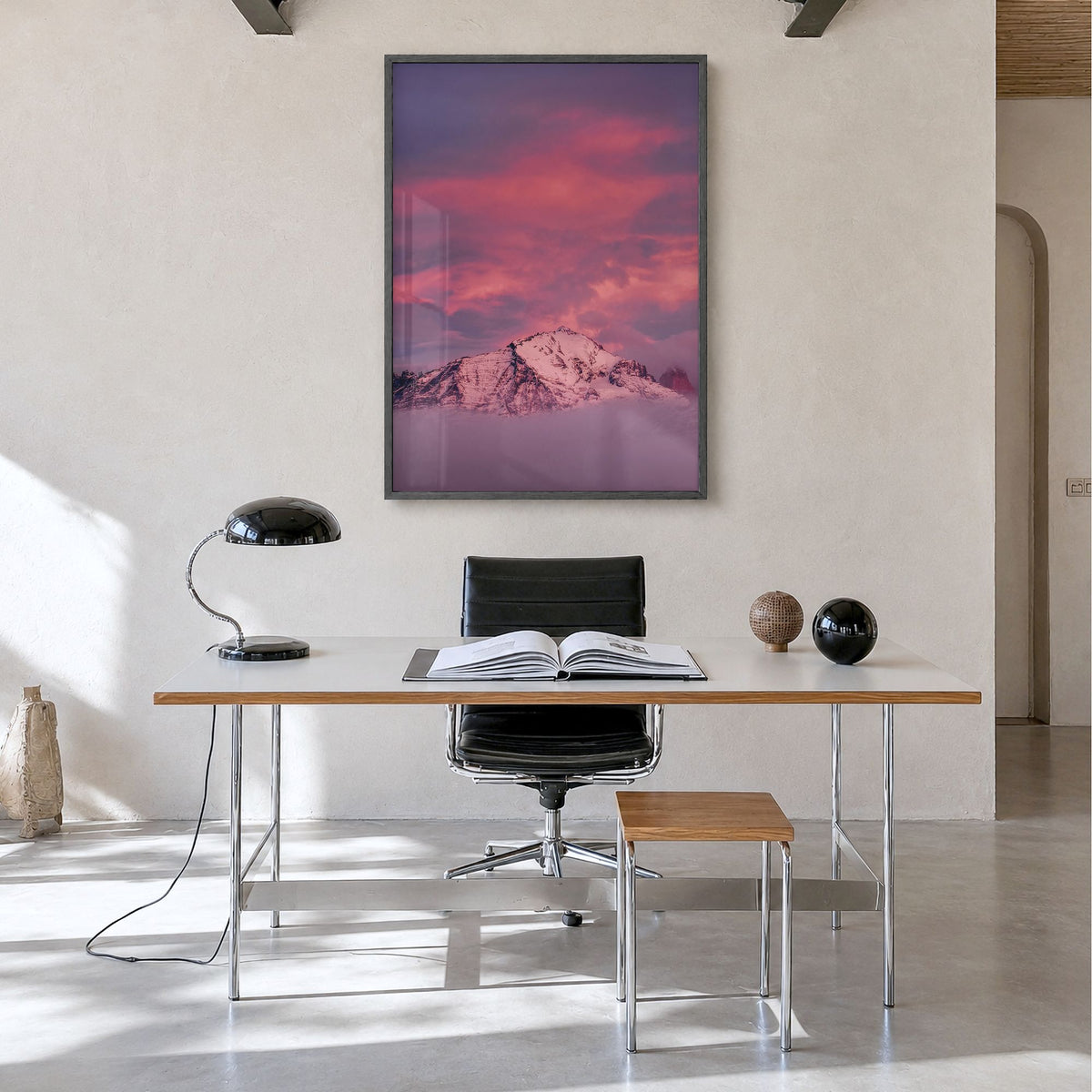 Big Sky Photo No 2 Poster in a black wood frame, hanging in a minimalist home office, full image (no border)