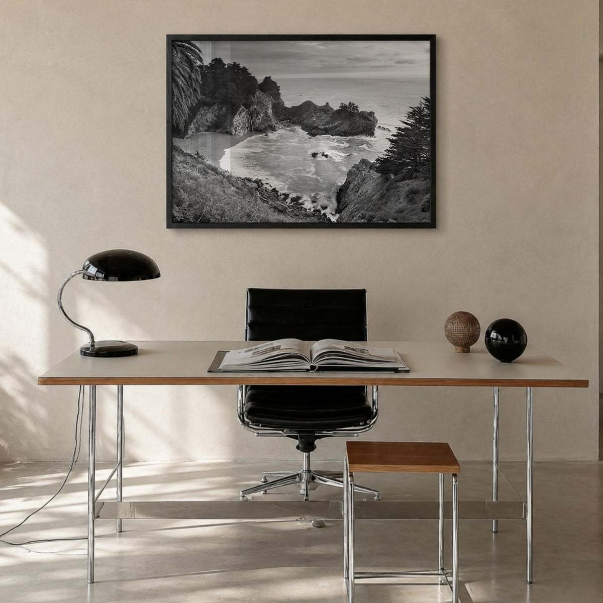 Big Sur black & white photo poster of California, USA – horizontal wall art in black wood frame, hanging on wall