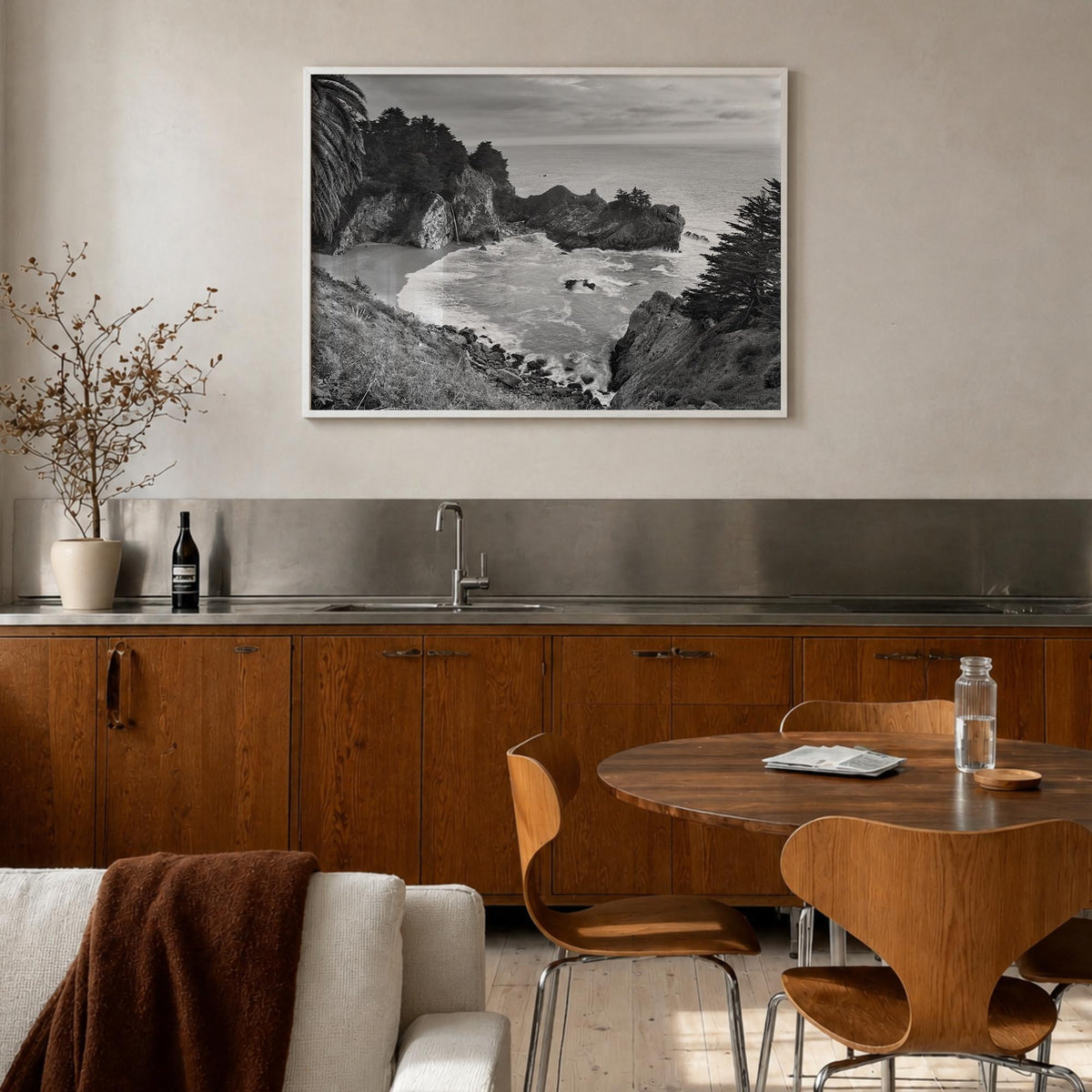 Big Sur black & white photo poster of California, USA – horizontal wall art in white wood frame, hanging on wall