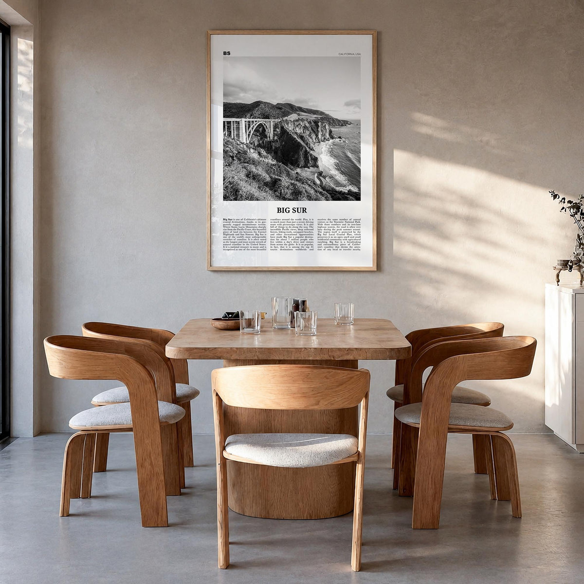 Big Sur no. 1 black & white newspaper poster of California, USA – vertical wall art in natural wood frame, hanging on wall