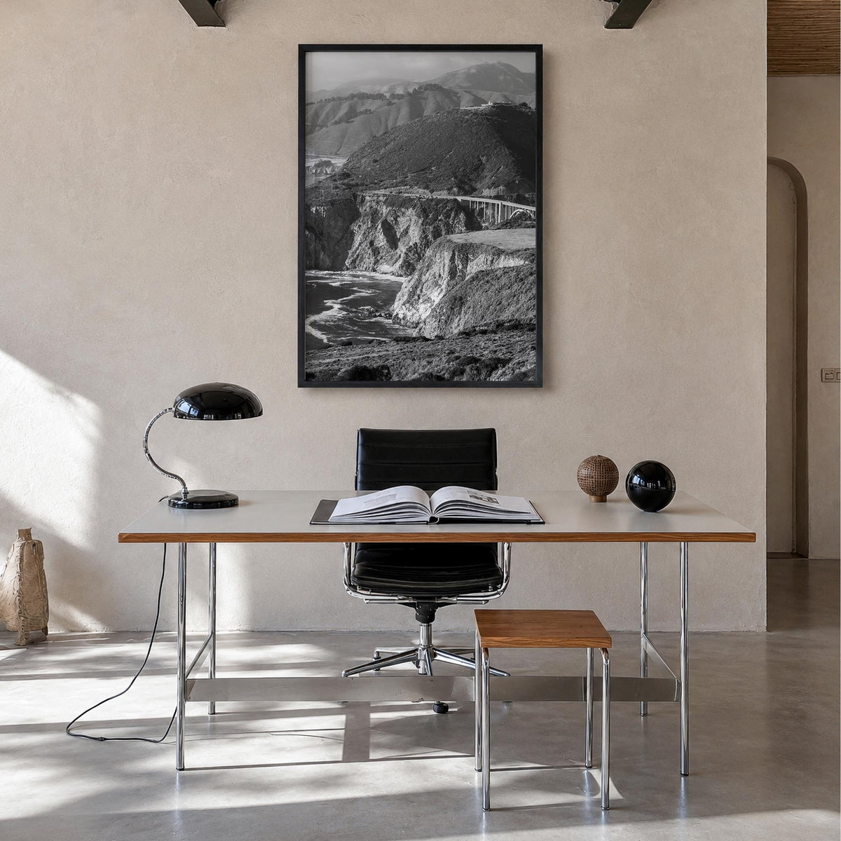 Big Sur no. 1 black & white photo poster of California, USA – vertical wall art in black wood frame, hanging on wall