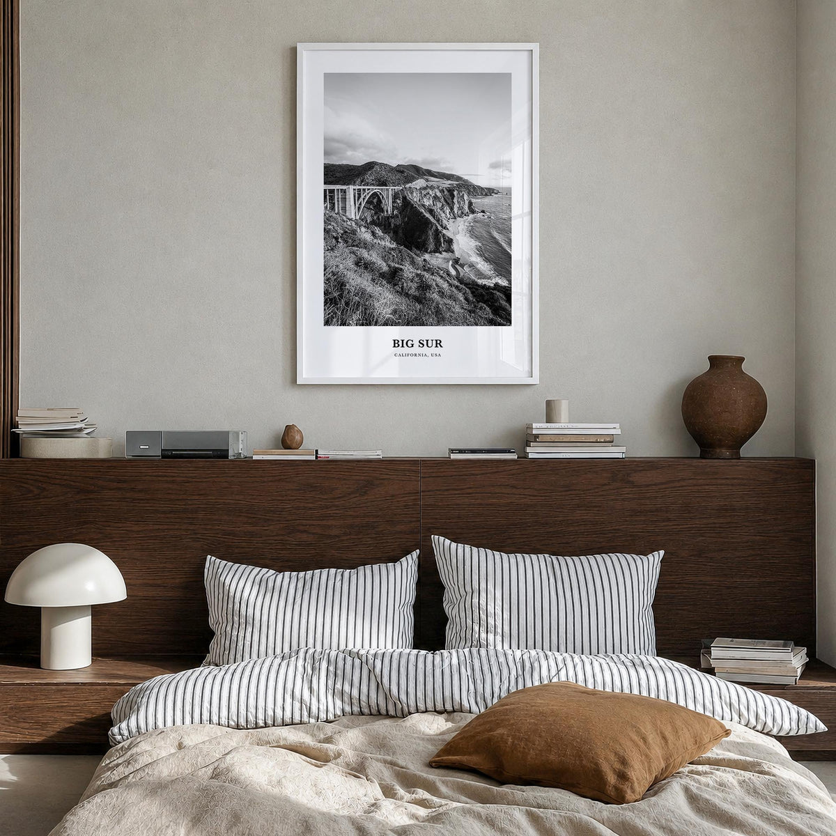 Big Sur no. 2 black & white classic poster of California, USA – vertical wall art in white wood frame, hanging on wall
