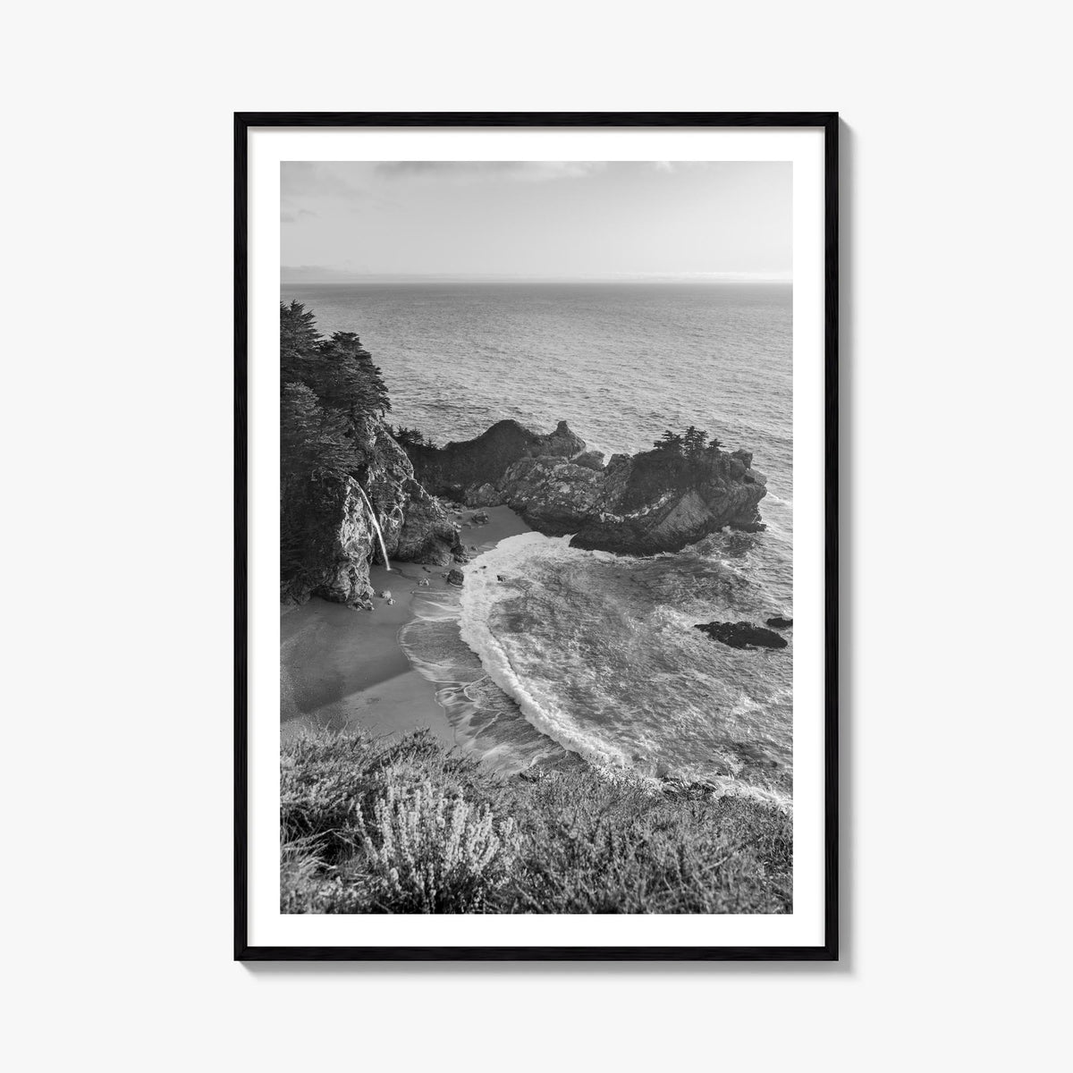 Big Sur no. 2 black & white photo poster of California, USA – vertical wall art, unframed print shown in interior mockup