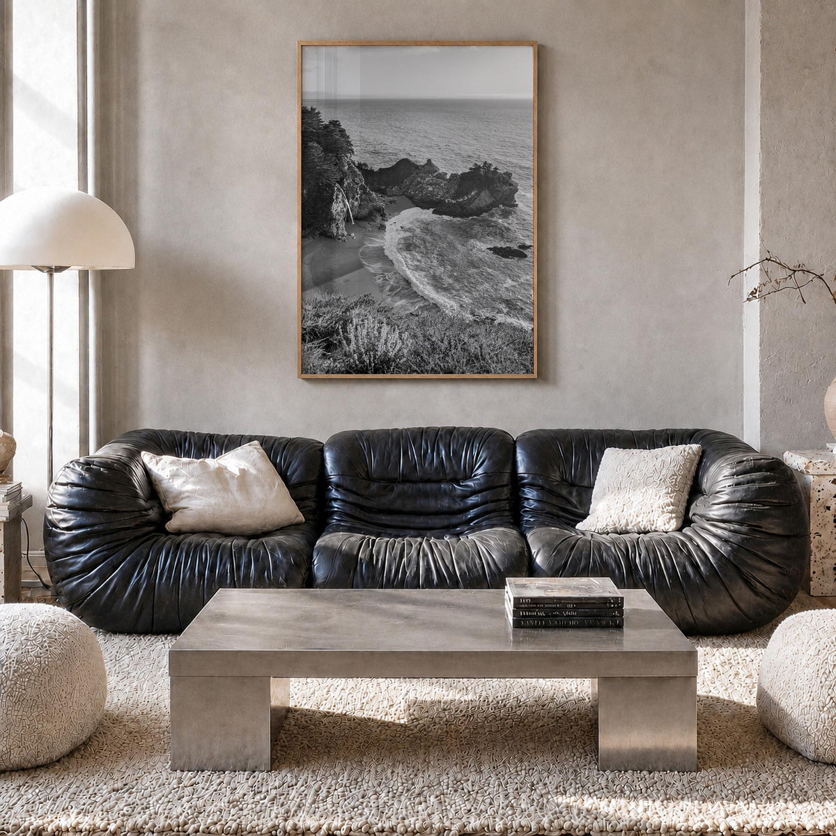 Big Sur no. 2 black & white photo poster of California, USA – vertical wall art in natural wood frame, hanging on wall