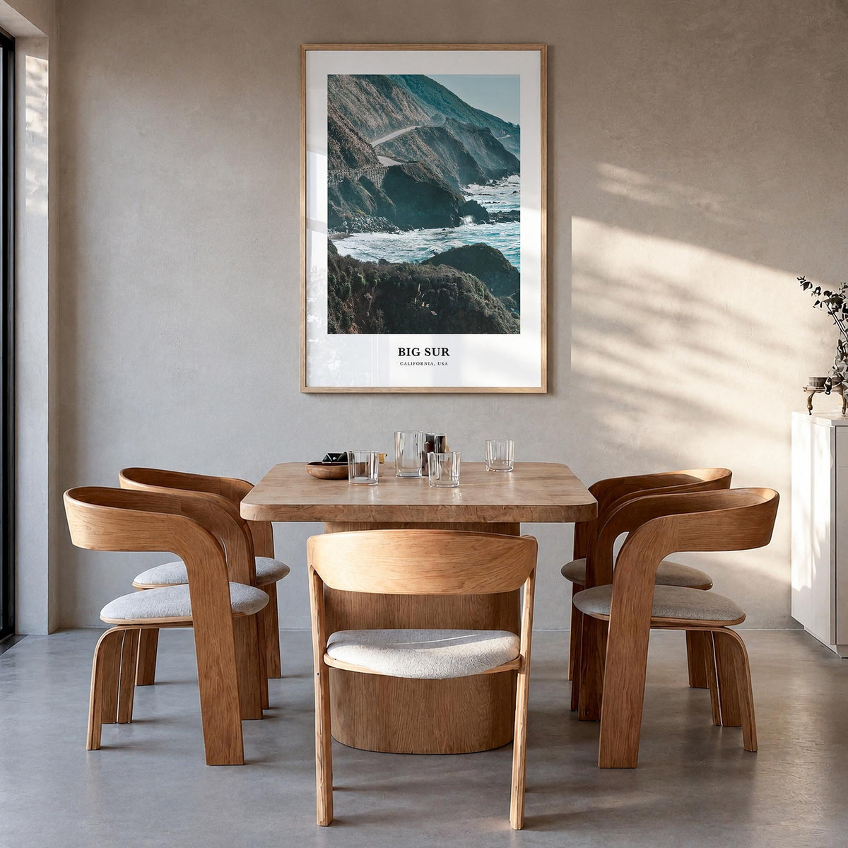 Big Sur no. 2 colorful classic poster of California, USA – vertical wall art in natural wood frame, hanging on wall