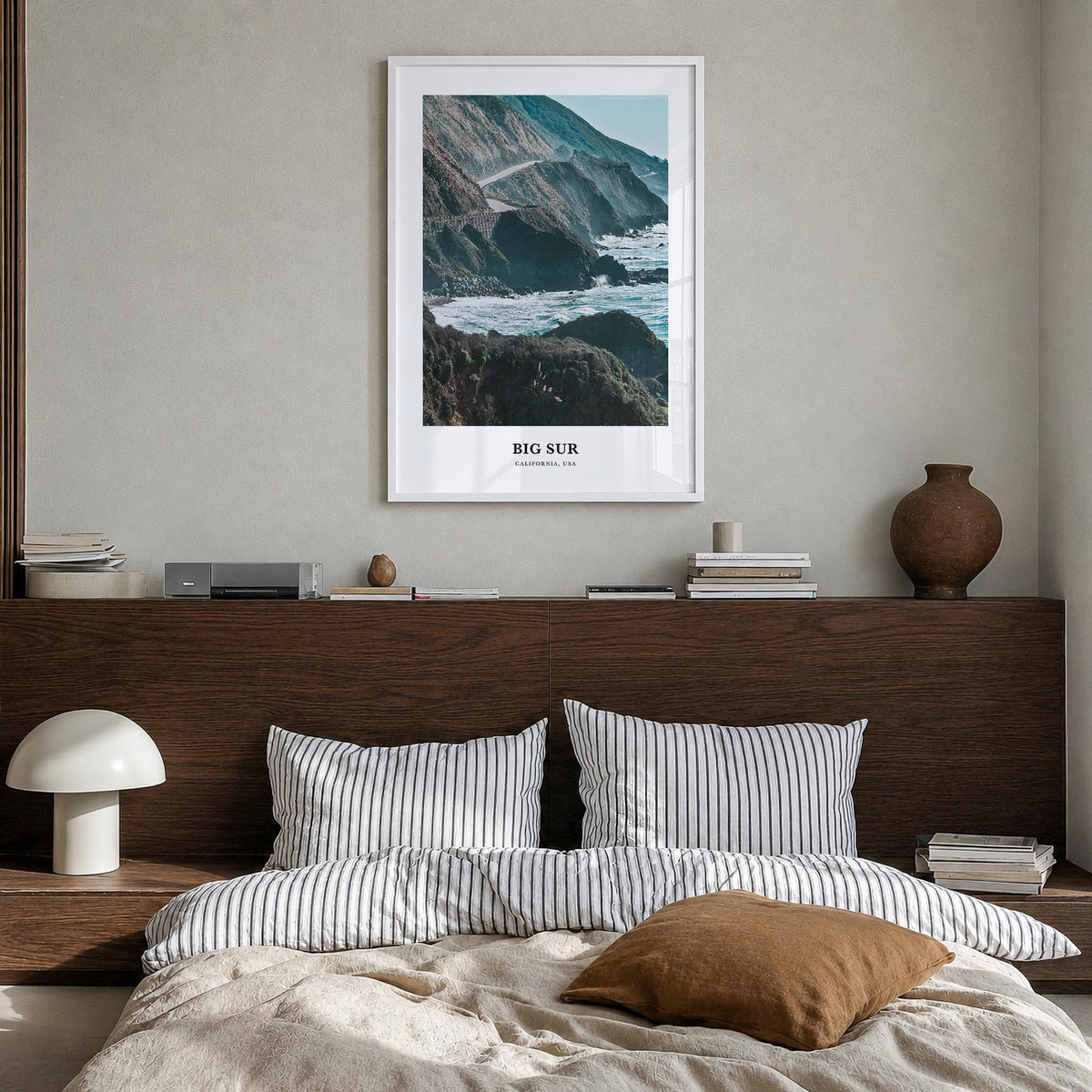 Big Sur no. 2 colorful classic poster of California, USA – vertical wall art in white wood frame, hanging on wall