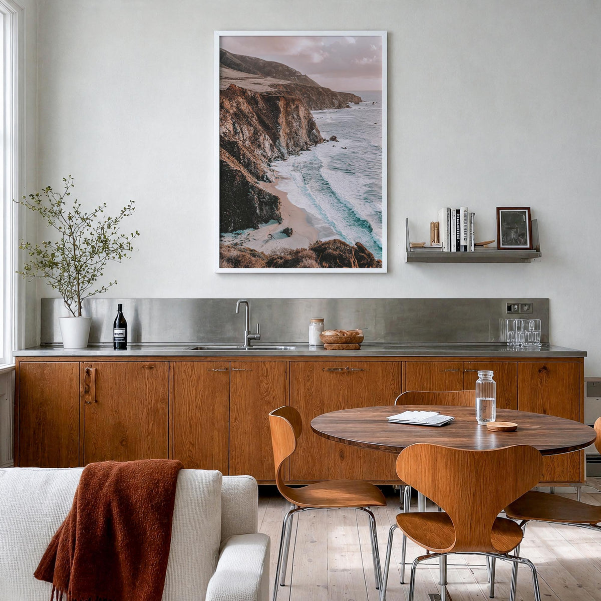 Big Sur no. 2 colorful photo poster of California, USA – vertical wall art in white wood frame, hanging on wall