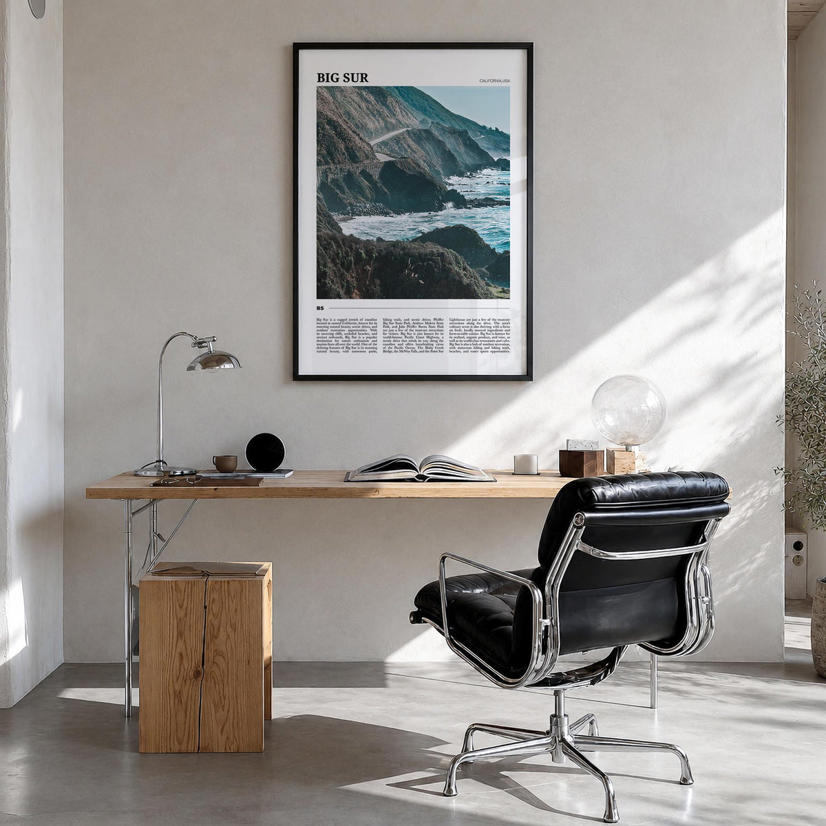Big Sur no. 2 colorful travel poster of California, USA – vertical wall art in black wood frame, hanging on wall