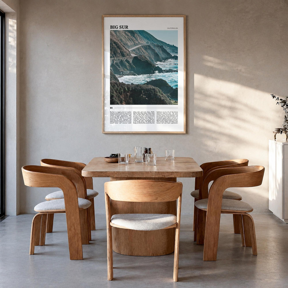 Big Sur no. 2 colorful travel poster of California, USA – vertical wall art in natural wood frame, hanging on wall