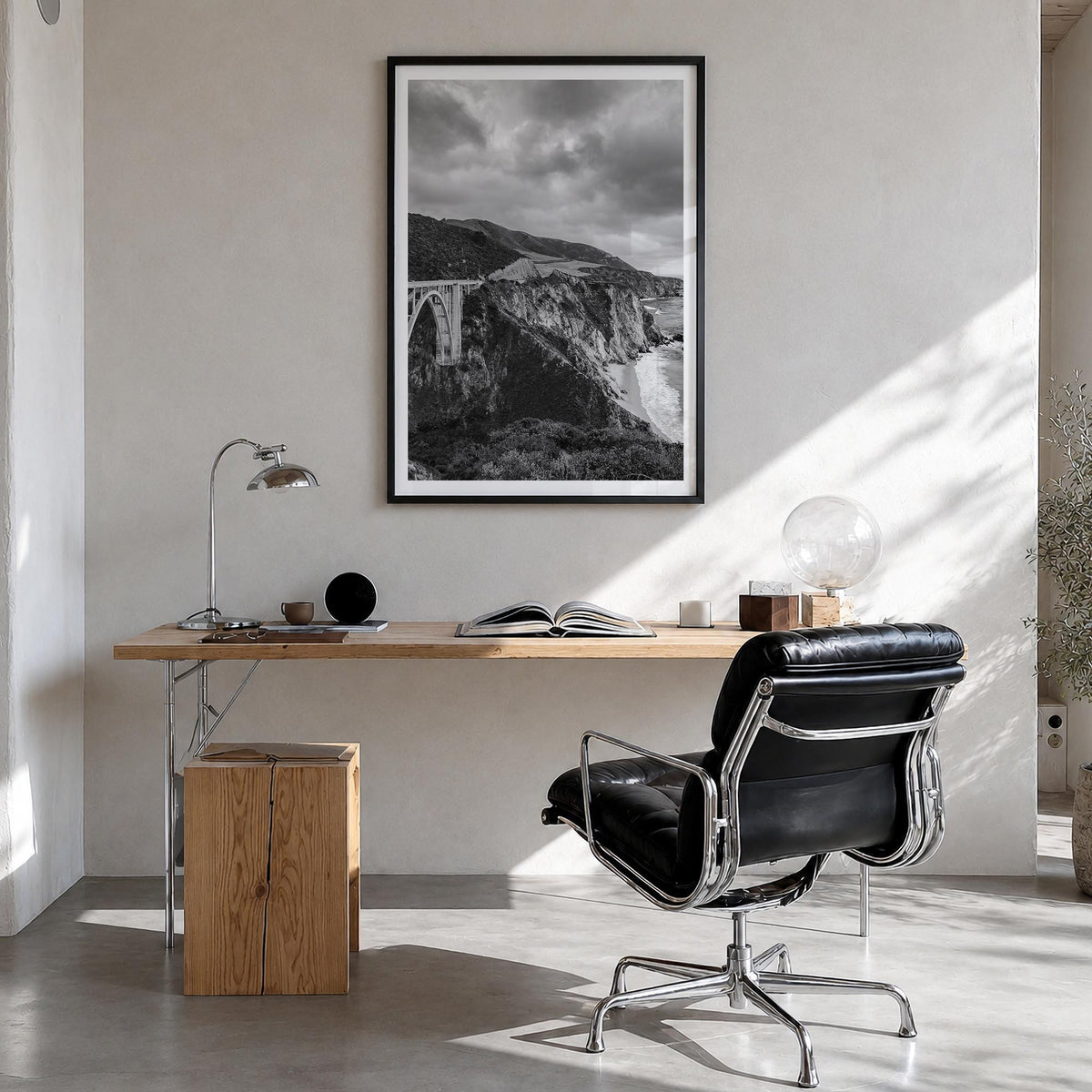 Big Sur no. 3 black & white photo poster of California, USA – vertical wall art in black wood frame with white border, hangin