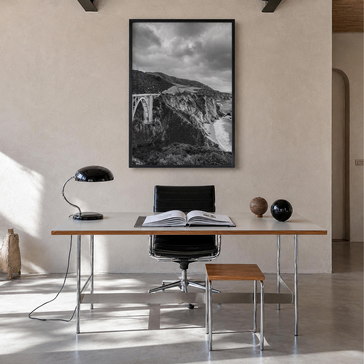 Big Sur no. 3 black & white photo poster of California, USA – vertical wall art in black wood frame, hanging on wall