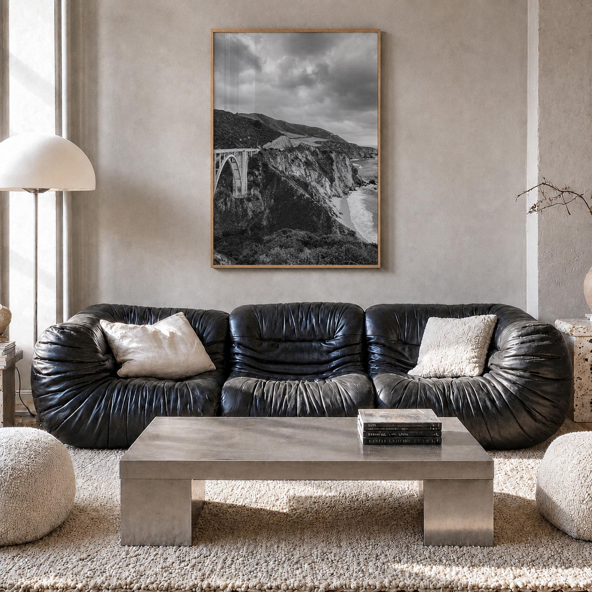 Big Sur no. 3 black & white photo poster of California, USA – vertical wall art in natural wood frame, hanging on wall