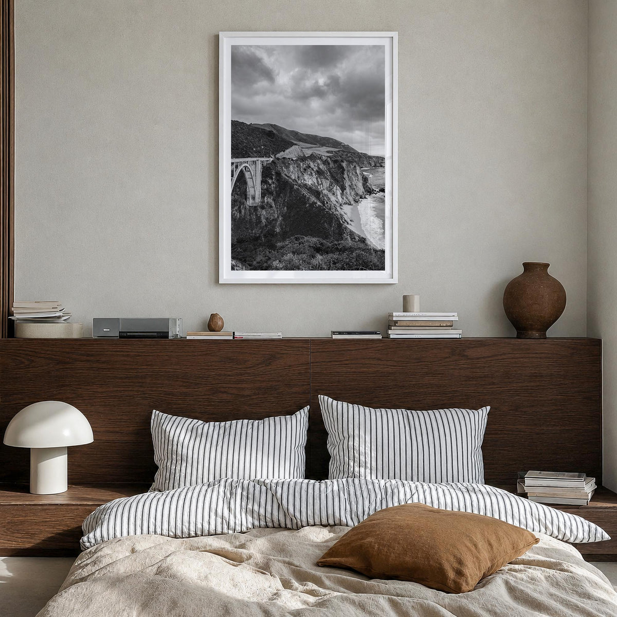 Big Sur no. 3 black & white photo poster of California, USA – vertical wall art in white wood frame with white border, hangin